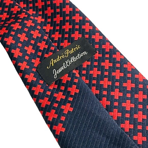 Andr'e Patric Jewel Collection Tie Navy Red Geo Vintage Mens Necktie Tie Wide - Picture 7 of 7